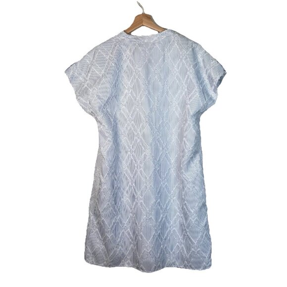 THML Striped Texture V‎ Neck Mini Dress Sz L Cotton Pockets Blue White Beach - Picture 8 of 12